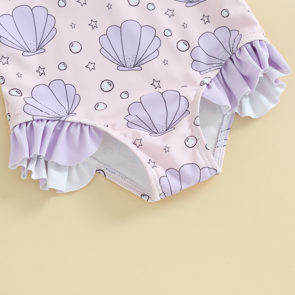 SeashellDreams Badeanzug für Mädchen | Muschelprint & Rüschen | Weich & Elastisch | 0–3 Jahre | Schwimmbad & Strand