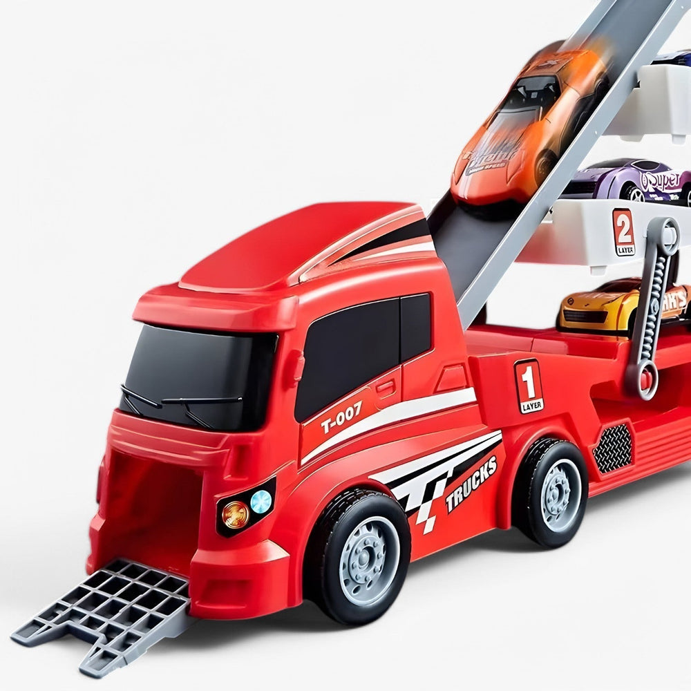 Spielzeug-Autotransporter mit 6 Rennautos – Ladefunktion, ohne Batterien | Lkw