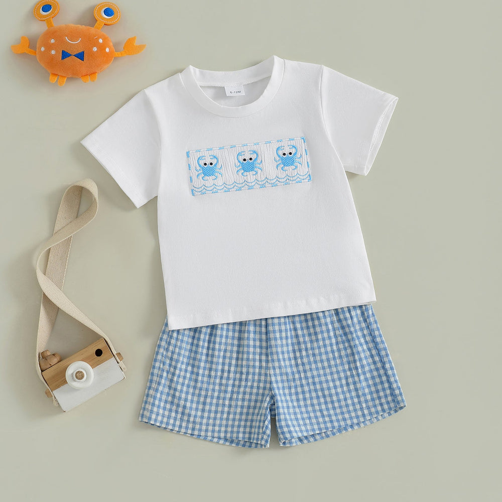 CrabbyCool Sommer-Set Baby & Kleinkind | T-Shirt mit Krabben & Karierten Shorts | Baumwolle & Polyester | 6 Monate–4 Jahre | Weiß & Blau