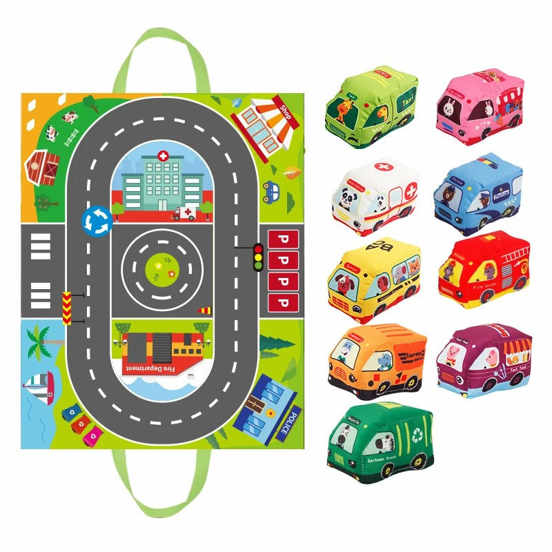 Weiche Stoffauto-Spielset – 9 Fahrzeuge & faltbare Spielmatte, Pädagogisches Spielzeug für Babys, Kleinkinder & Vorschulkinder (0-4 Jahre)