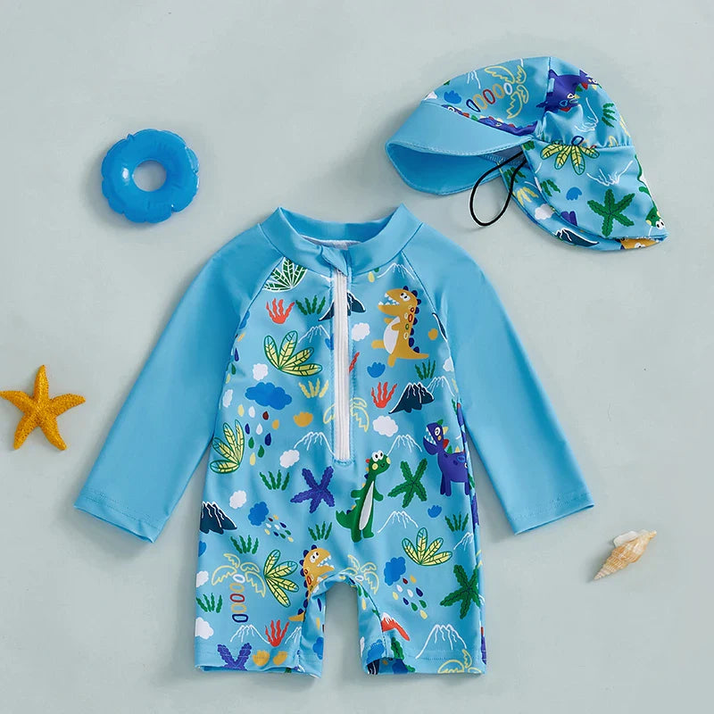 Jungen UV Badeanzug Hai-Druck mit Sonnenhut – Lange Ärmel | 0-5J.