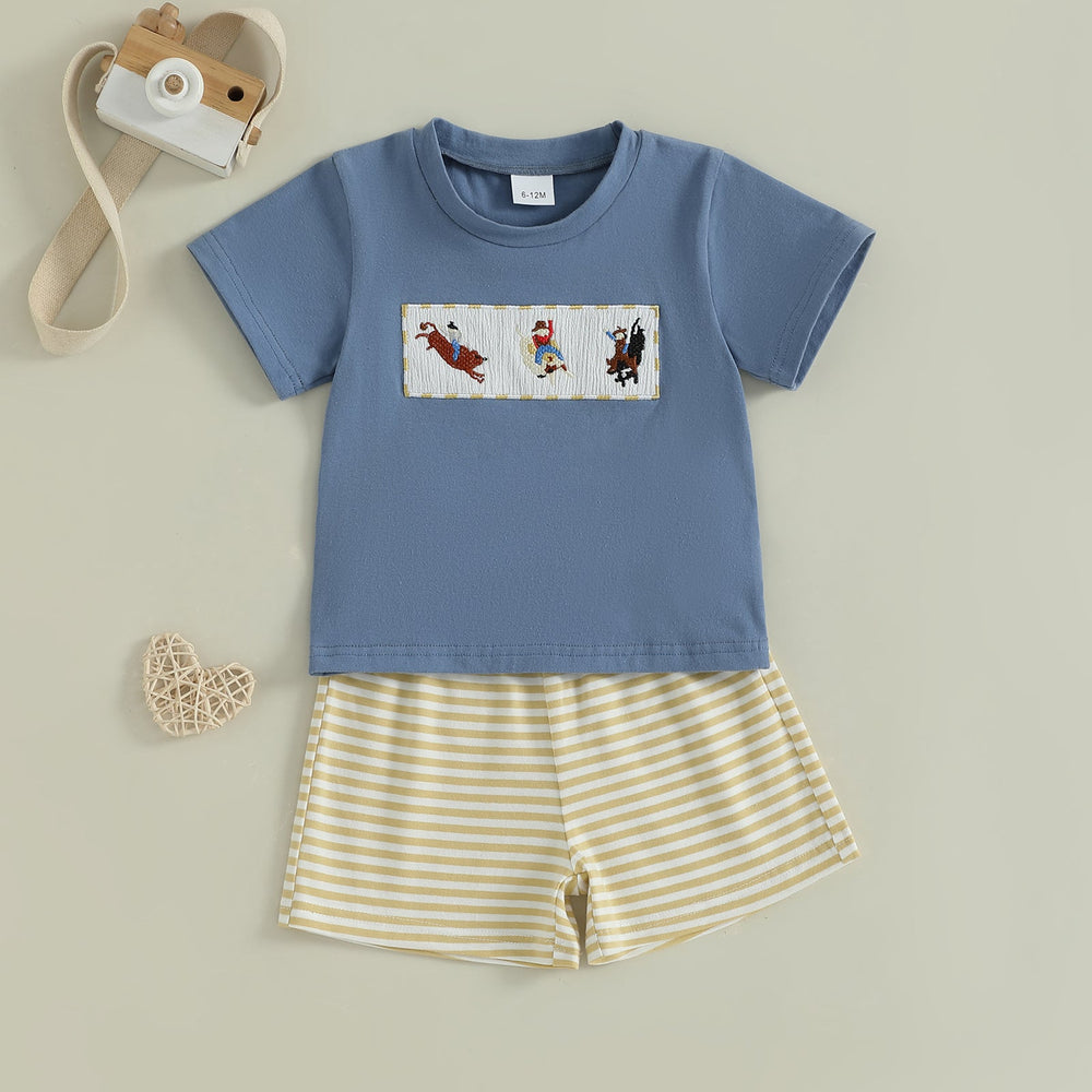 JungleJump Sommer-Set Jungen | T-Shirt mit Äffchen & Gestreifte Shorts | Baumwolle & Polyester | 6 Monate–4 Jahre | Blau & Gelb