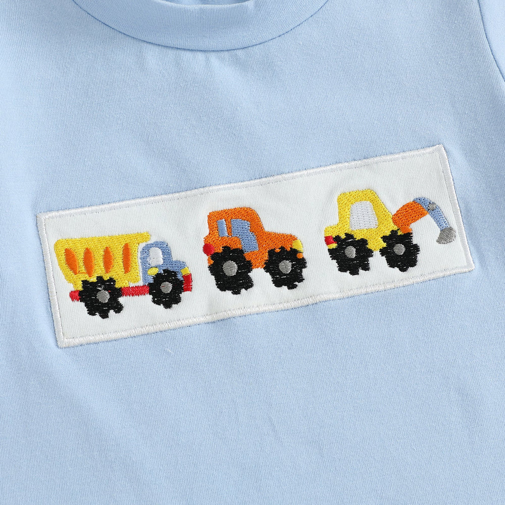 MiniMachines Sommer-Set Jungen | T-Shirt mit Baufahrzeugen & Gestreifte Gelbe Shorts | Baumwolle & Polyester | 0–4 Jahre | Bequemes Sommeroutfit