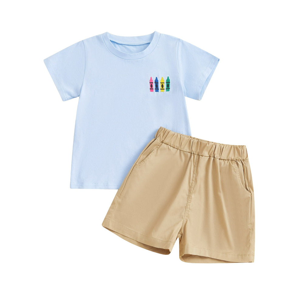 CrayonCool Sommer-Set Jungen | T-Shirt mit Kreidemuster & kurze Hose | Baumwolle & Polyester | 18 Monate–6 Jahre | Dunkelblau oder Hellblau
