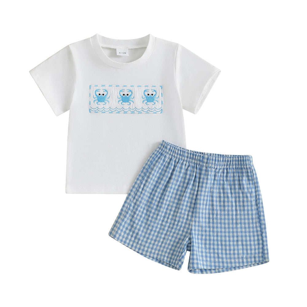 CrabbyCool Sommer-Set Baby & Kleinkind | T-Shirt mit Krabben & Karierten Shorts | Baumwolle & Polyester | 6 Monate–4 Jahre | Weiß & Blau
