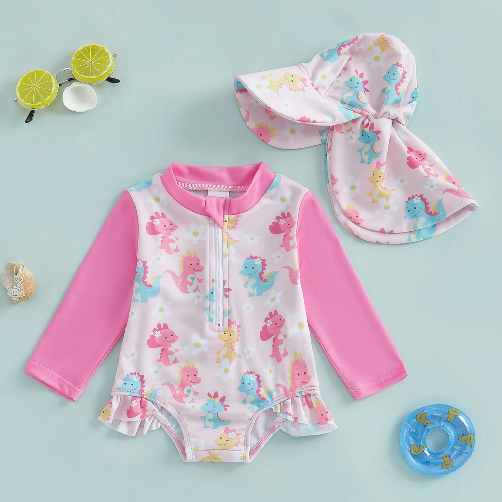 SweetWave Bade-Set für Mädchen | Langarm & Sonnenhut | UV-Schutz | Flamingo & Dino | 0-5 Jahre