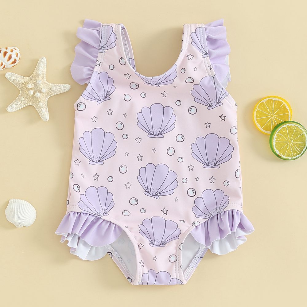 SeashellDreams Badeanzug für Mädchen | Muschelprint & Rüschen | Weich & Elastisch | 0–3 Jahre | Schwimmbad & Strand