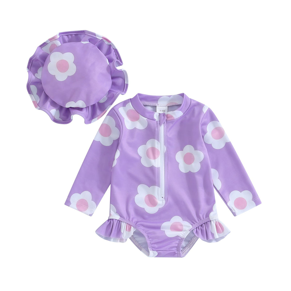 LilaBloom Bade-Set für Baby Mädchen | UV-Schutz | Badeeinteiler & Hut | Blumenprint | 6–24 Monate