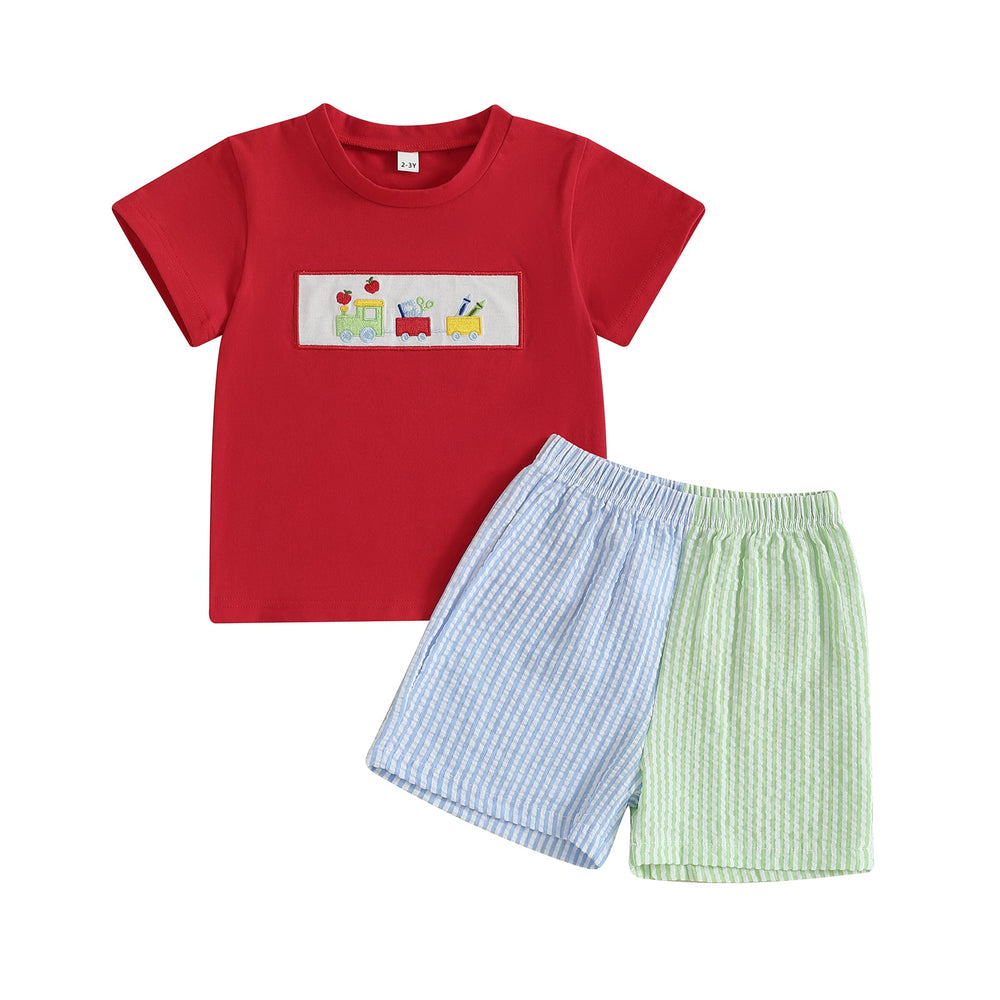 Schooltrain Sommer-Set Jungen | Rotes T-Shirt mit Zug-Print & Gestreifter Shorts | Baumwolle & Polyester | 2–6 Jahre | Sommer-Spielkleidung