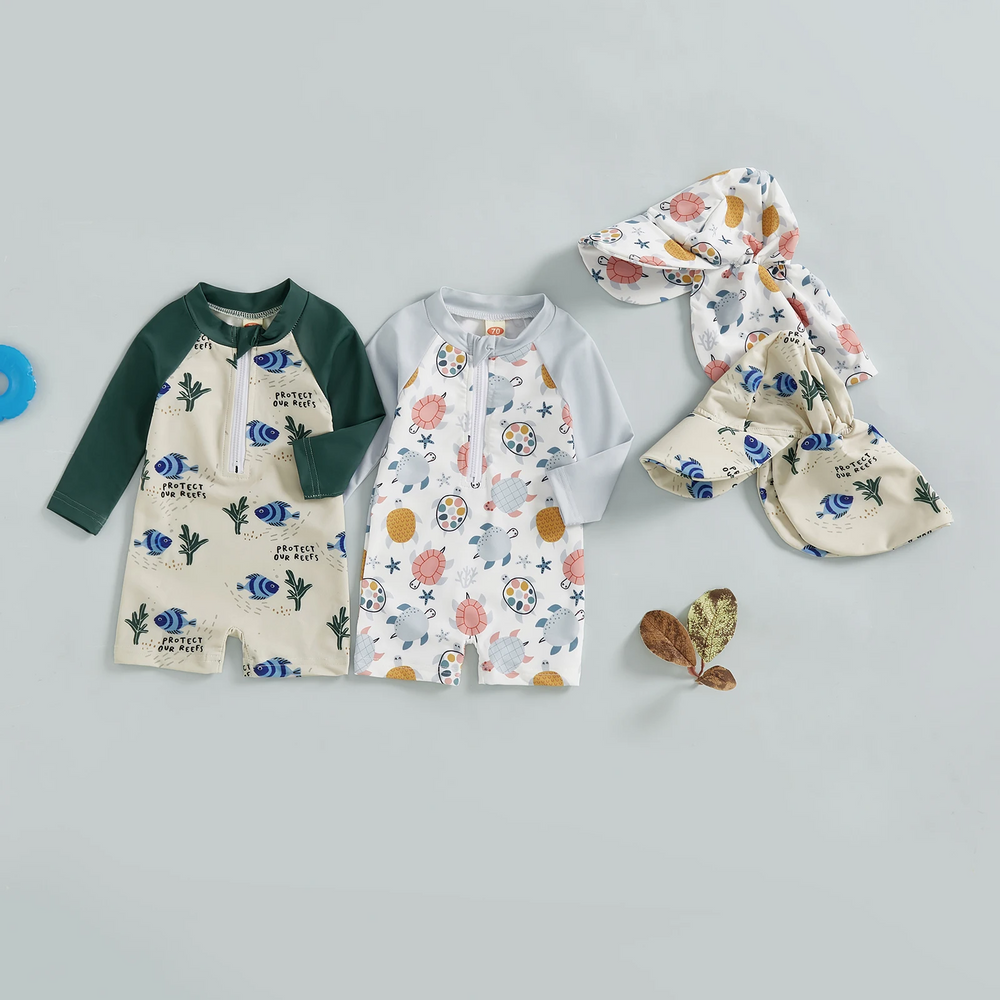 OceanGuard Badeanzug-Set für Babys & Kleinkinder | Lange Ärmel & Sonnenhut | UV-Schutz | Fische &amp; Schildkröten | 0-3 Jahre