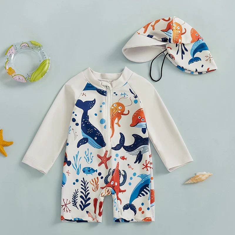 Jungen UV Badeanzug Hai-Druck mit Sonnenhut – Lange Ärmel | 0-5J.