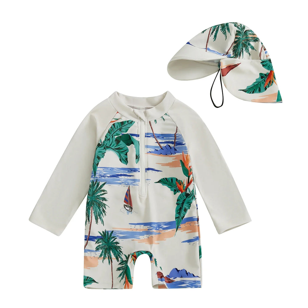 Jungen UV Badeanzug Hai-Druck mit Sonnenhut – Lange Ärmel | 0-5J.