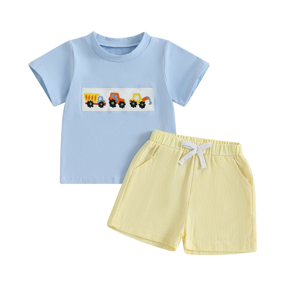 MiniMachines Sommer-Set Jungen | T-Shirt mit Baufahrzeugen & Gestreifte Gelbe Shorts | Baumwolle & Polyester | 0–4 Jahre | Bequemes Sommeroutfit