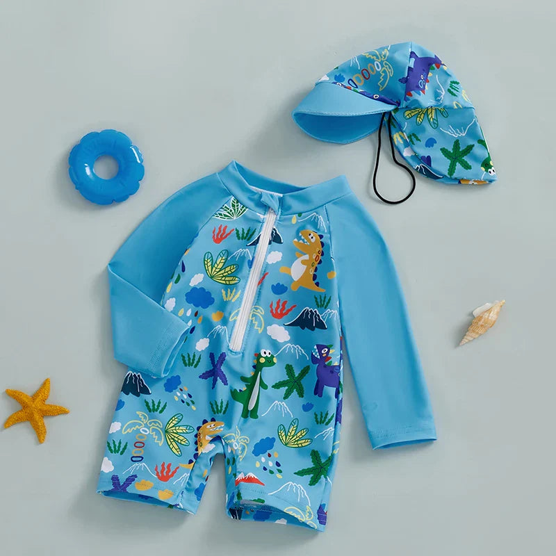 Jungen UV Badeanzug Hai-Druck mit Sonnenhut – Lange Ärmel | 0-5J.