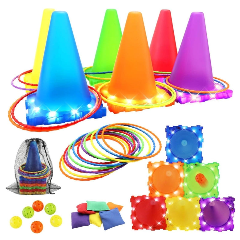 GlowToss Wurfspiel-Set – Leuchtendes Ringwurfspiel mit 6 Lichtkegeln in Eisform + Ringe, Bälle & Sandsäckchen | Outdoorspielzeug für Kinder & Erwachsene