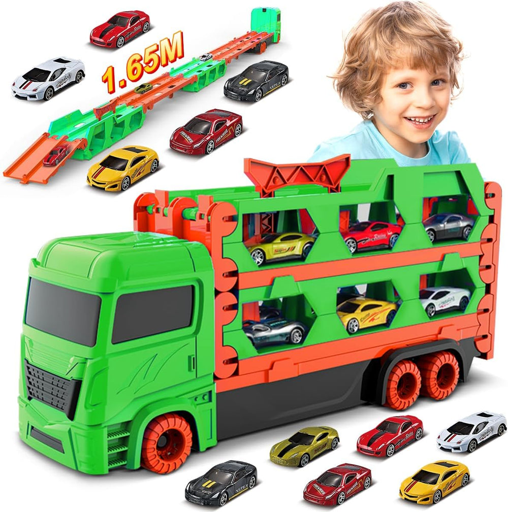 TurboHauler Rennwagen-Truck – 2-in-1 Container-LKW mit ausziehbarer Doppel-Rennstrecke 1,64 m | Inkl. 6 Metall-Autos | Spielzeug-Transportset für Kinder ab 3 Jahren