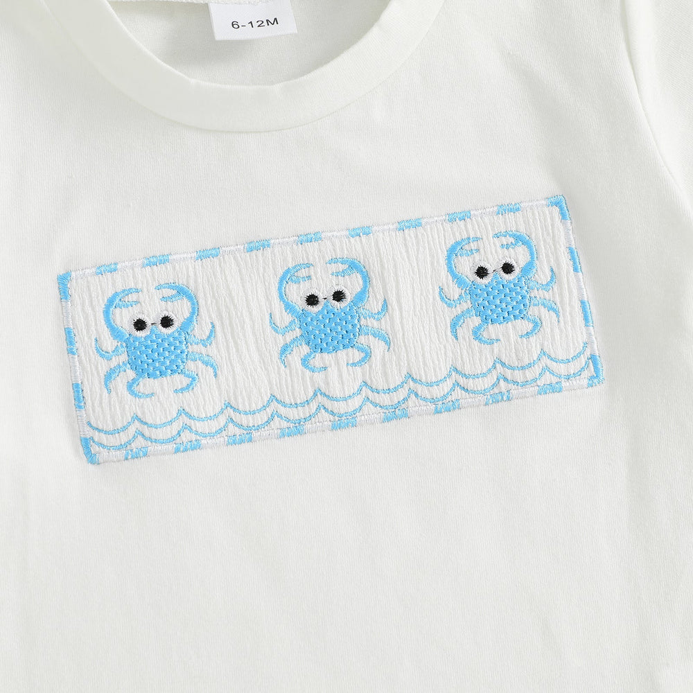 CrabbyCool Sommer-Set Baby & Kleinkind | T-Shirt mit Krabben & Karierten Shorts | Baumwolle & Polyester | 6 Monate–4 Jahre | Weiß & Blau