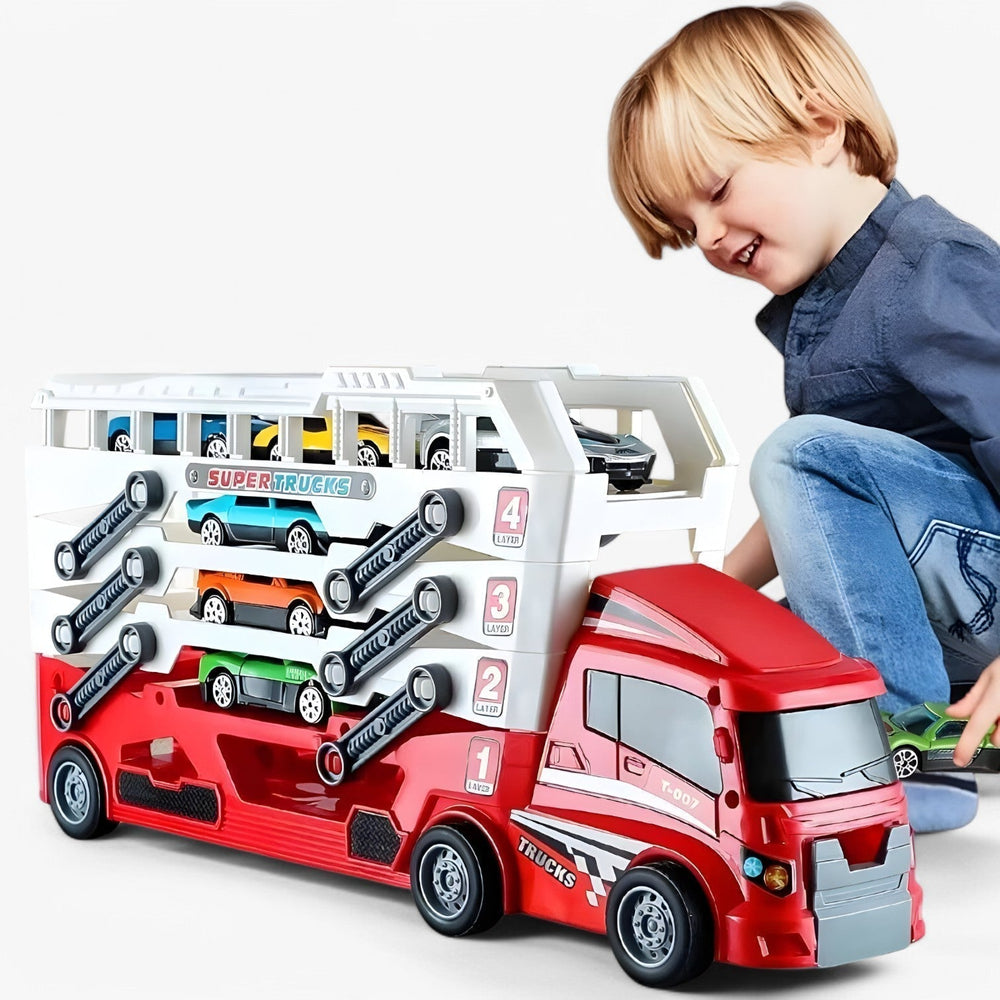 Spielzeug-Autotransporter mit 6 Rennautos – Ladefunktion, ohne Batterien | Lkw