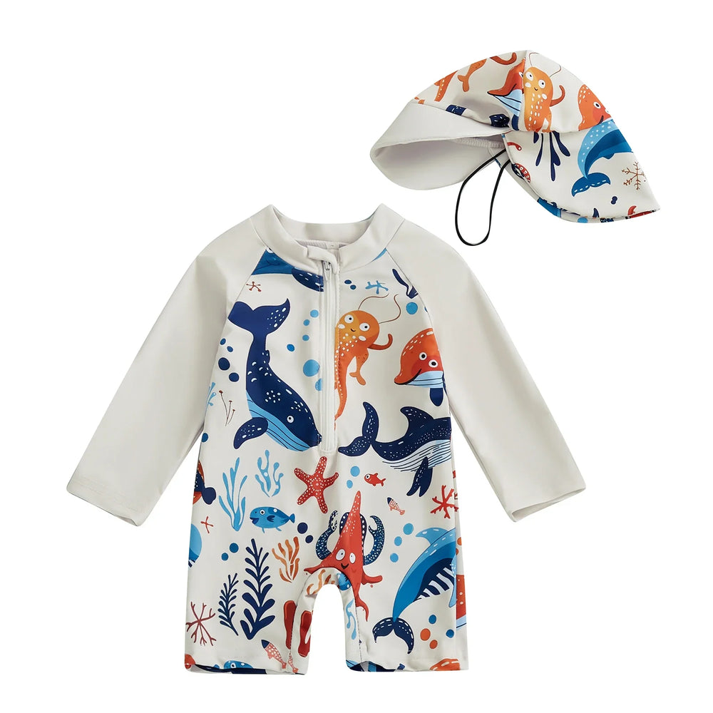 Jungen UV Badeanzug Hai-Druck mit Sonnenhut – Lange Ärmel | 0-5J.