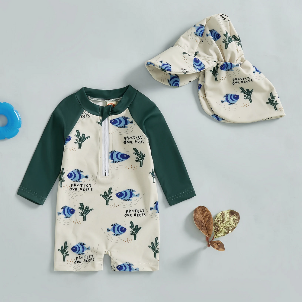 OceanGuard Badeanzug-Set für Babys & Kleinkinder | Lange Ärmel & Sonnenhut | UV-Schutz | Fische &amp; Schildkröten | 0-3 Jahre