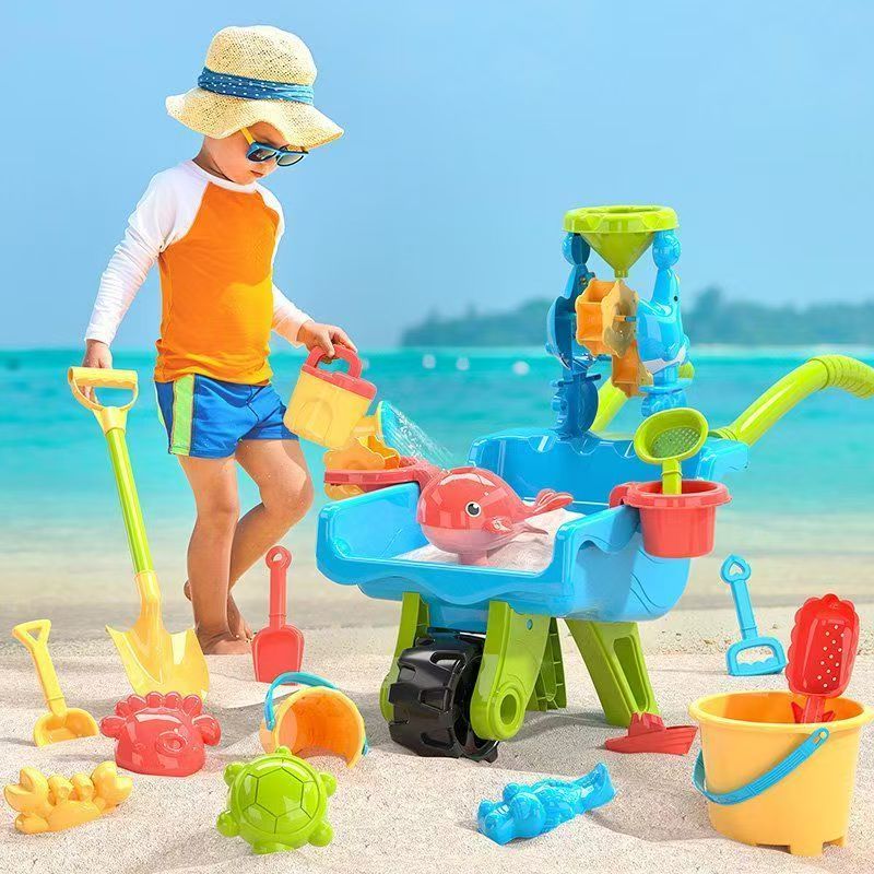 Sandino Sand & Strand Spielset – 22-teiliges Outdoor-Spielzeug mit Schubkarre für Kinder 2–6 Jahre – Sandkasten- & Gartenset