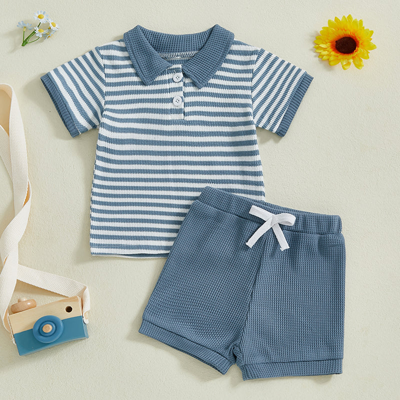 TeddyStripe Sommer-Set für Babys & Kleinkinder | Polo & Shorts | Atmungsaktive Baumwolle | 6 Monate–4 Jahre | Braun oder Blau Gestreift