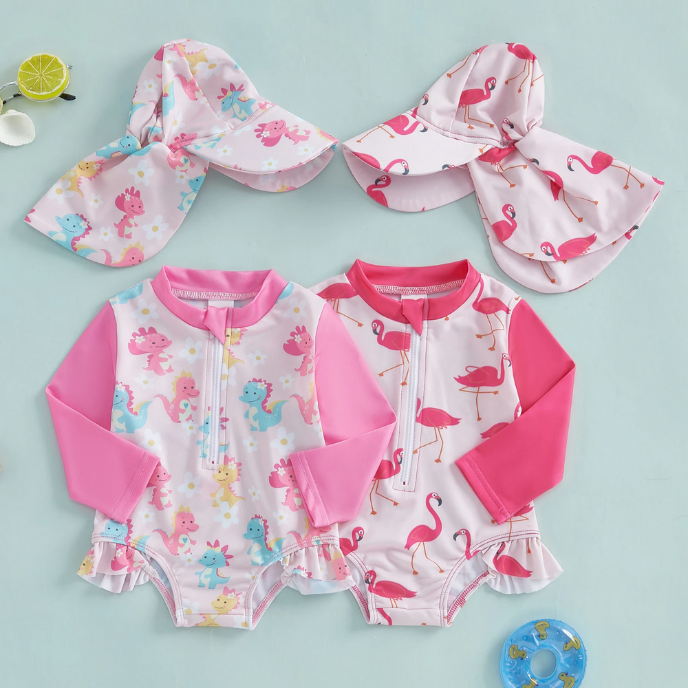 SweetWave Bade-Set für Mädchen | Langarm & Sonnenhut | UV-Schutz | Flamingo & Dino | 0-5 Jahre