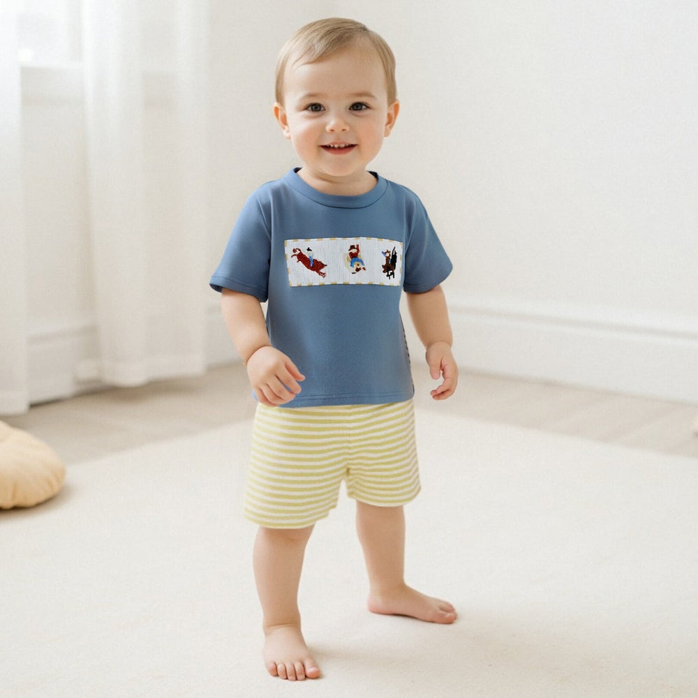 JungleJump Sommer-Set Jungen | T-Shirt mit Äffchen & Gestreifte Shorts | Baumwolle & Polyester | 6 Monate–4 Jahre | Blau & Gelb