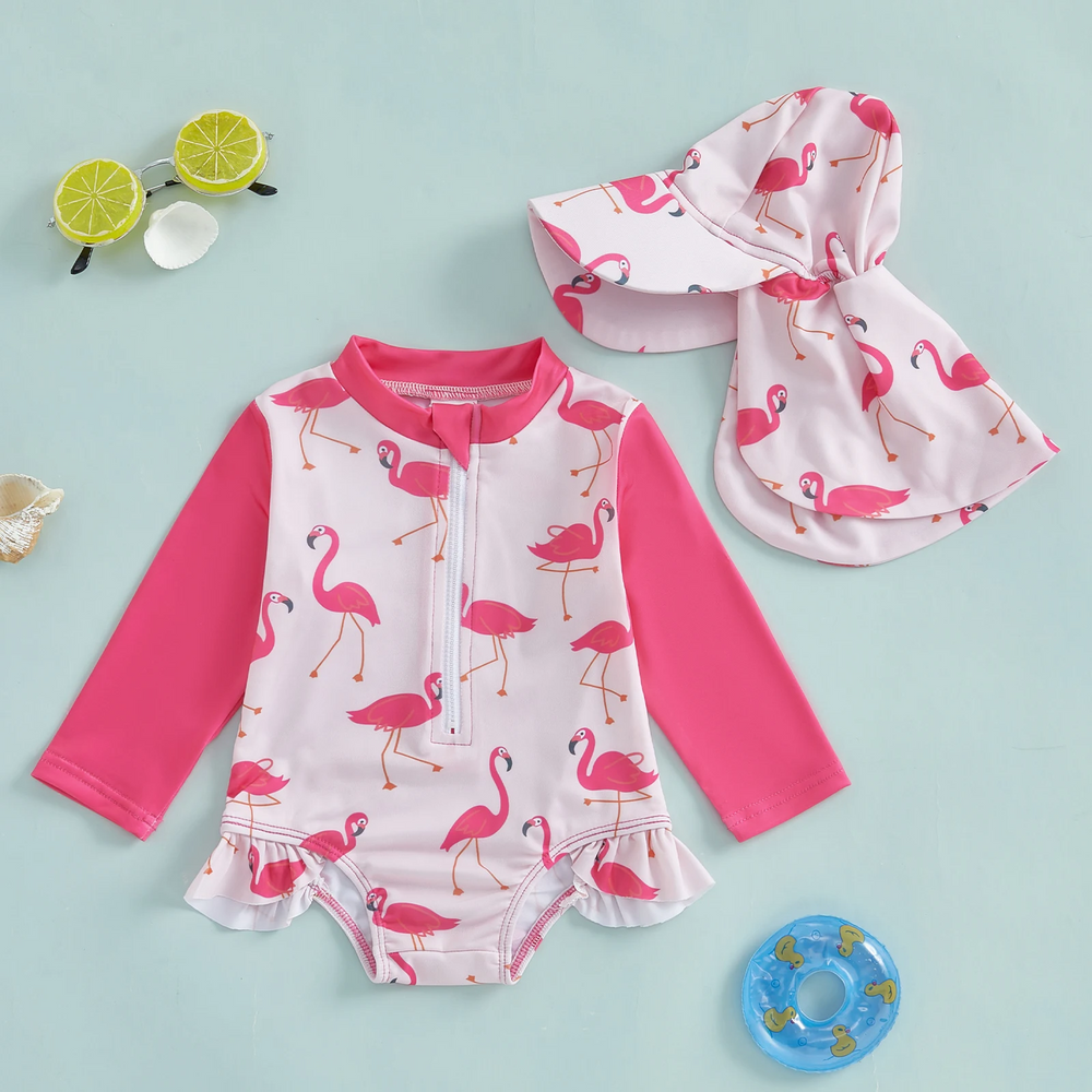 SweetWave Bade-Set für Mädchen | Langarm & Sonnenhut | UV-Schutz | Flamingo & Dino | 0-5 Jahre