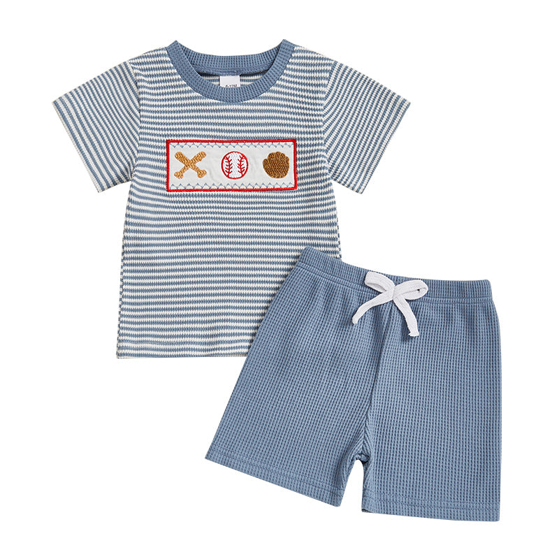 Baseball Stripe Sommer-Set Baby & Kleinkind | Gestricktes T-Shirt & Shorts | Strickbaumwolle | 0–3 Jahre | Sportlicher Look für Jungen