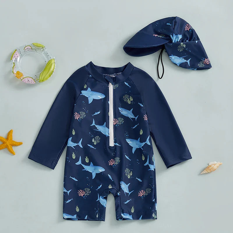Jungen UV Badeanzug Hai-Druck mit Sonnenhut – Lange Ärmel | 0-5J.