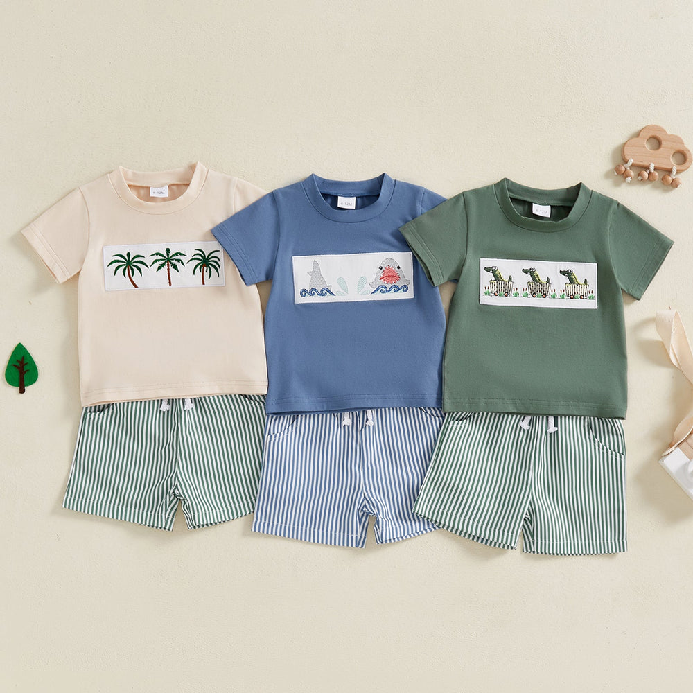 AdventurePrint Sommer-Set für Babys & Kleinkinder | Unisex T-Shirt & Gestreifte Shorts | Sommeroutfit 0–4 Jahre | Baumwolle & Polyester