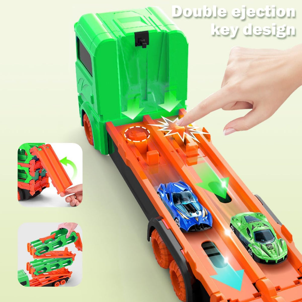 TurboHauler Rennwagen-Truck – 2-in-1 Container-LKW mit ausziehbarer Doppel-Rennstrecke 1,64 m | Inkl. 6 Metall-Autos | Spielzeug-Transportset für Kinder ab 3 Jahren