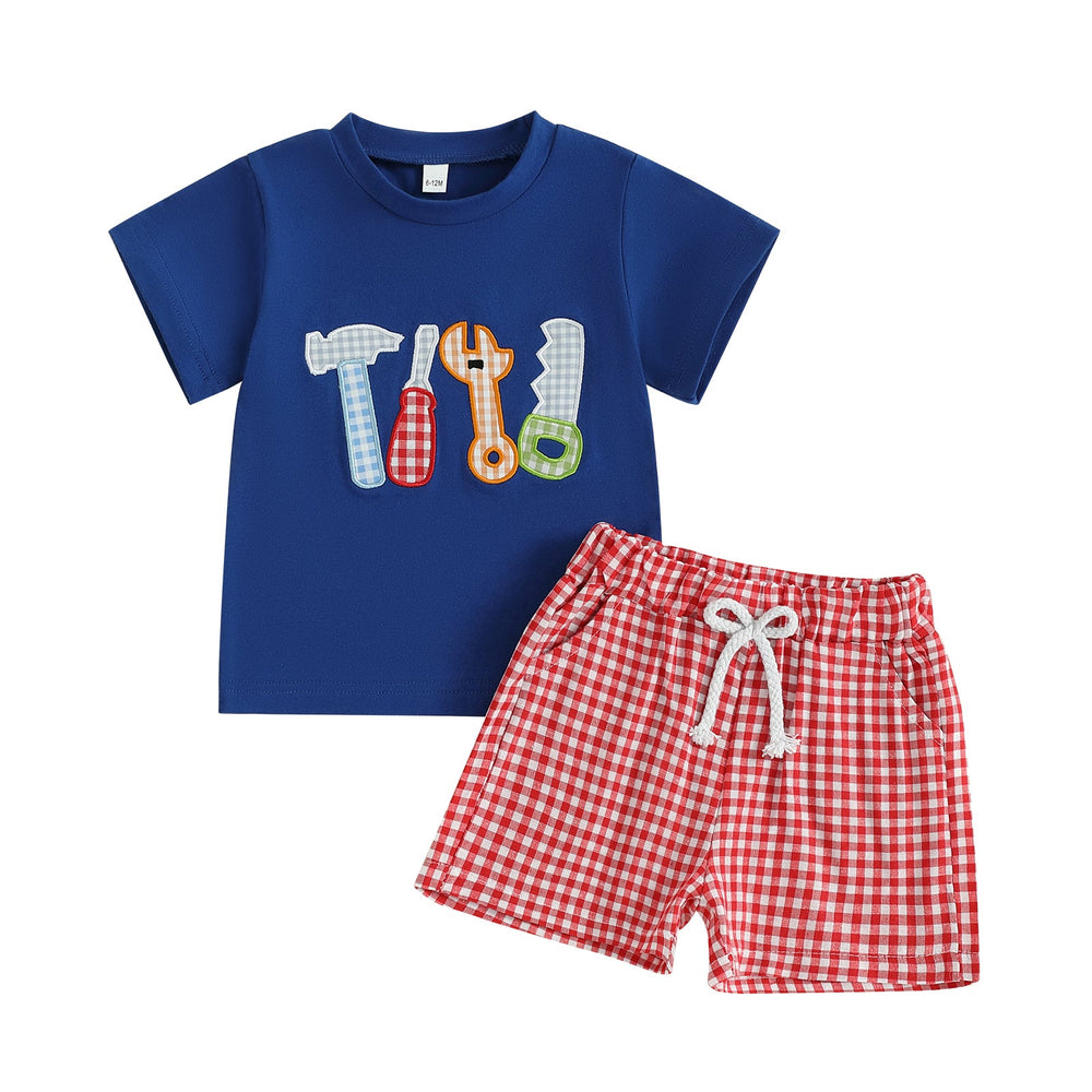 ToolTime Sommer-Set Jungen | T-Shirt mit Werkzeug & Kariertem Shorts | 6 Monate–4 Jahre | Baumwolle & Polyester | Blau & Rot