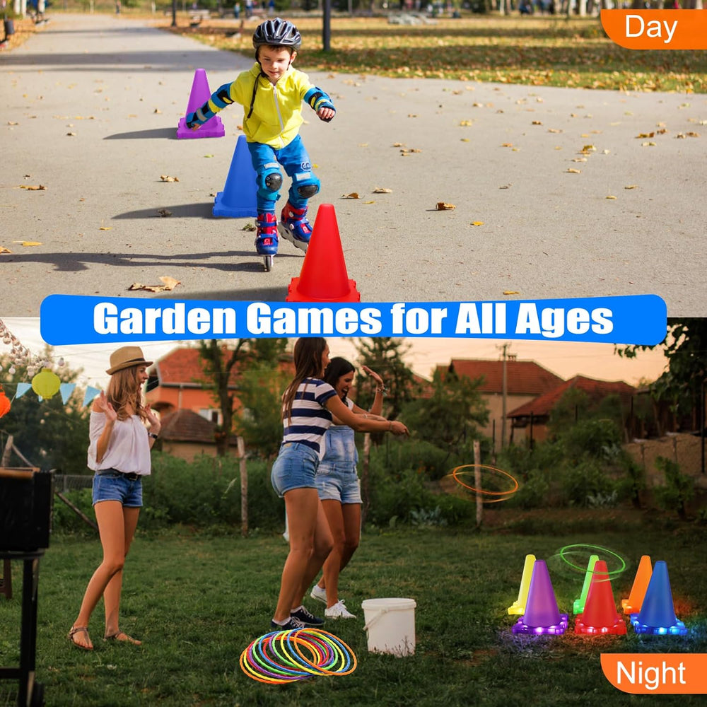 GlowToss Wurfspiel-Set – Leuchtendes Ringwurfspiel mit 6 Lichtkegeln in Eisform + Ringe, Bälle & Sandsäckchen | Outdoorspielzeug für Kinder & Erwachsene