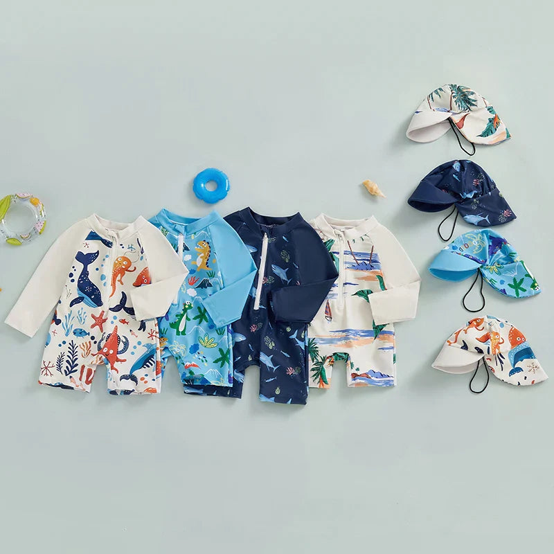 Jungen UV Badeanzug Hai-Druck mit Sonnenhut – Lange Ärmel | 0-5J.