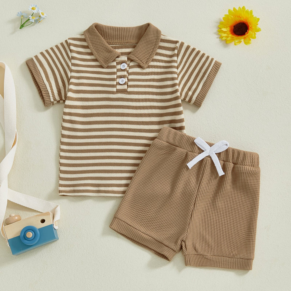 TeddyStripe Sommer-Set für Babys & Kleinkinder | Polo & Shorts | Atmungsaktive Baumwolle | 6 Monate–4 Jahre | Braun oder Blau Gestreift