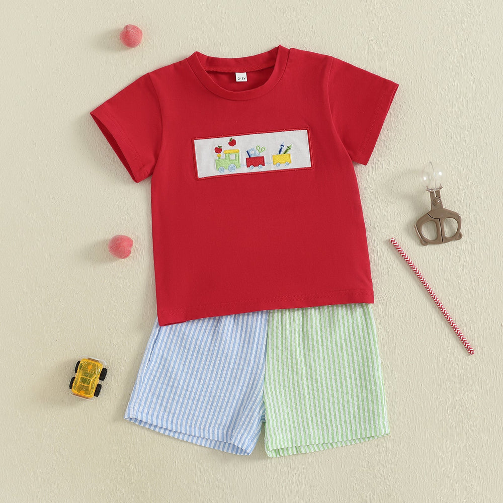 Schooltrain Sommer-Set Jungen | Rotes T-Shirt mit Zug-Print & Gestreifter Shorts | Baumwolle & Polyester | 2–6 Jahre | Sommer-Spielkleidung