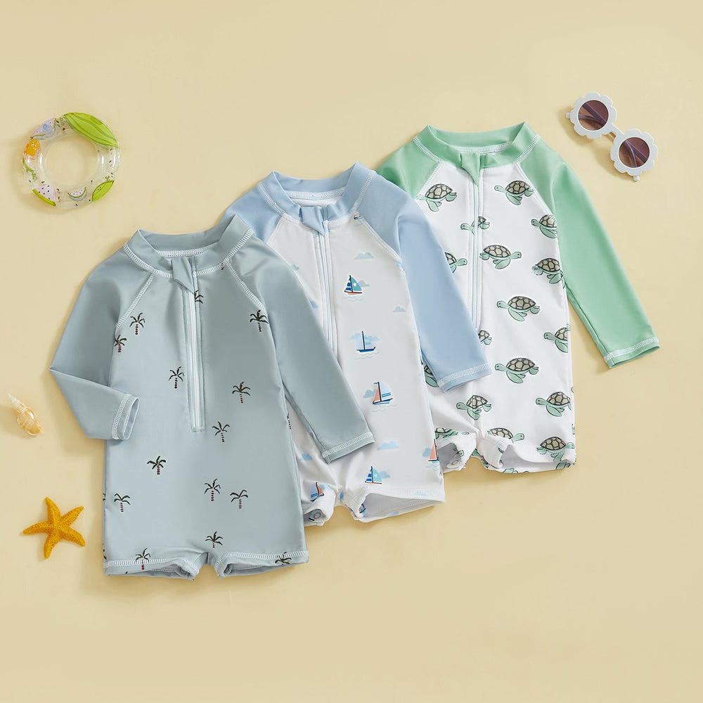 TurtlySafe Schwimmanzug für Babys & Kleinkinder | Lange Ärmel | UV-Schutz | Schildkröte, Palme oder Boot Print | 3 Monate–3 Jahre