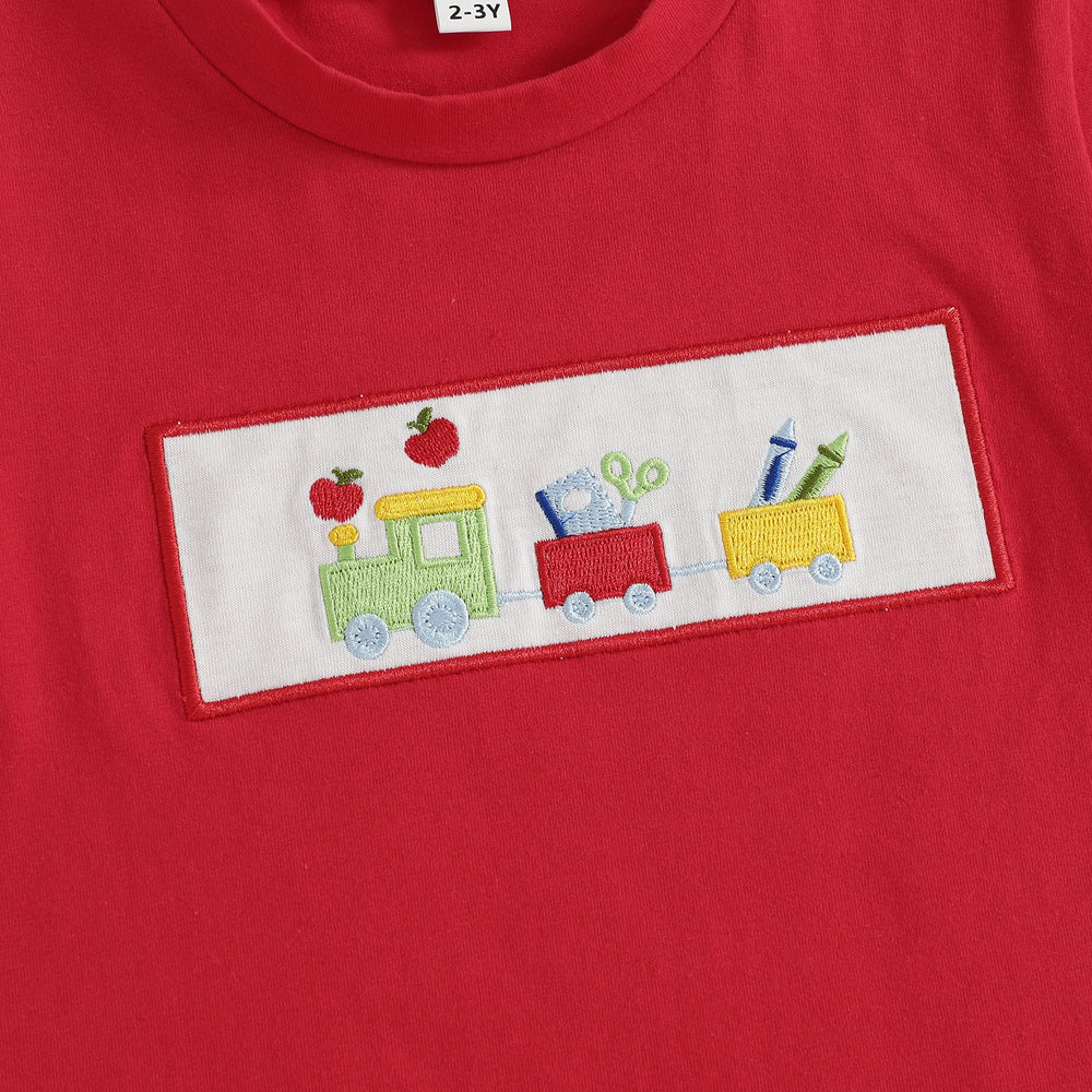 Schooltrain Sommer-Set Jungen | Rotes T-Shirt mit Zug-Print & Gestreifter Shorts | Baumwolle & Polyester | 2–6 Jahre | Sommer-Spielkleidung