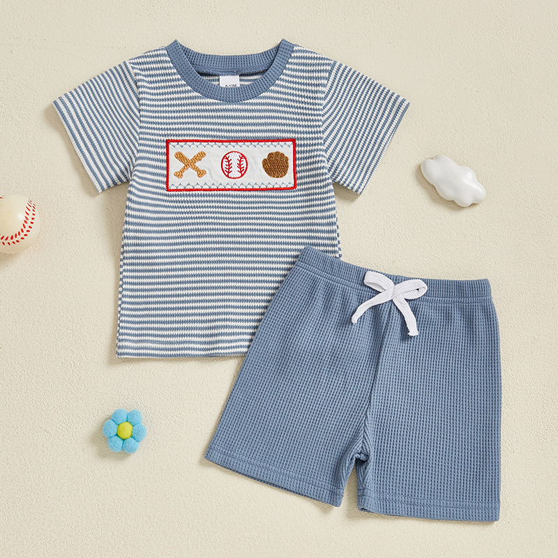 Baseball Stripe Sommer-Set Baby & Kleinkind | Gestricktes T-Shirt & Shorts | Strickbaumwolle | 0–3 Jahre | Sportlicher Look für Jungen