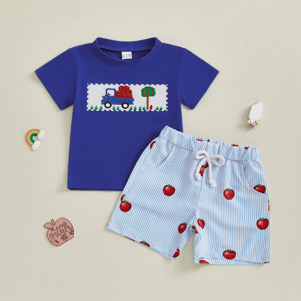 AppleTruck Sommer-Set Jungen | T-Shirt mit Apfel-Truck & Gestreifter Shorts | Baumwolle & Polyester | 6 Mon.–4 Jahre | Blau & Rot