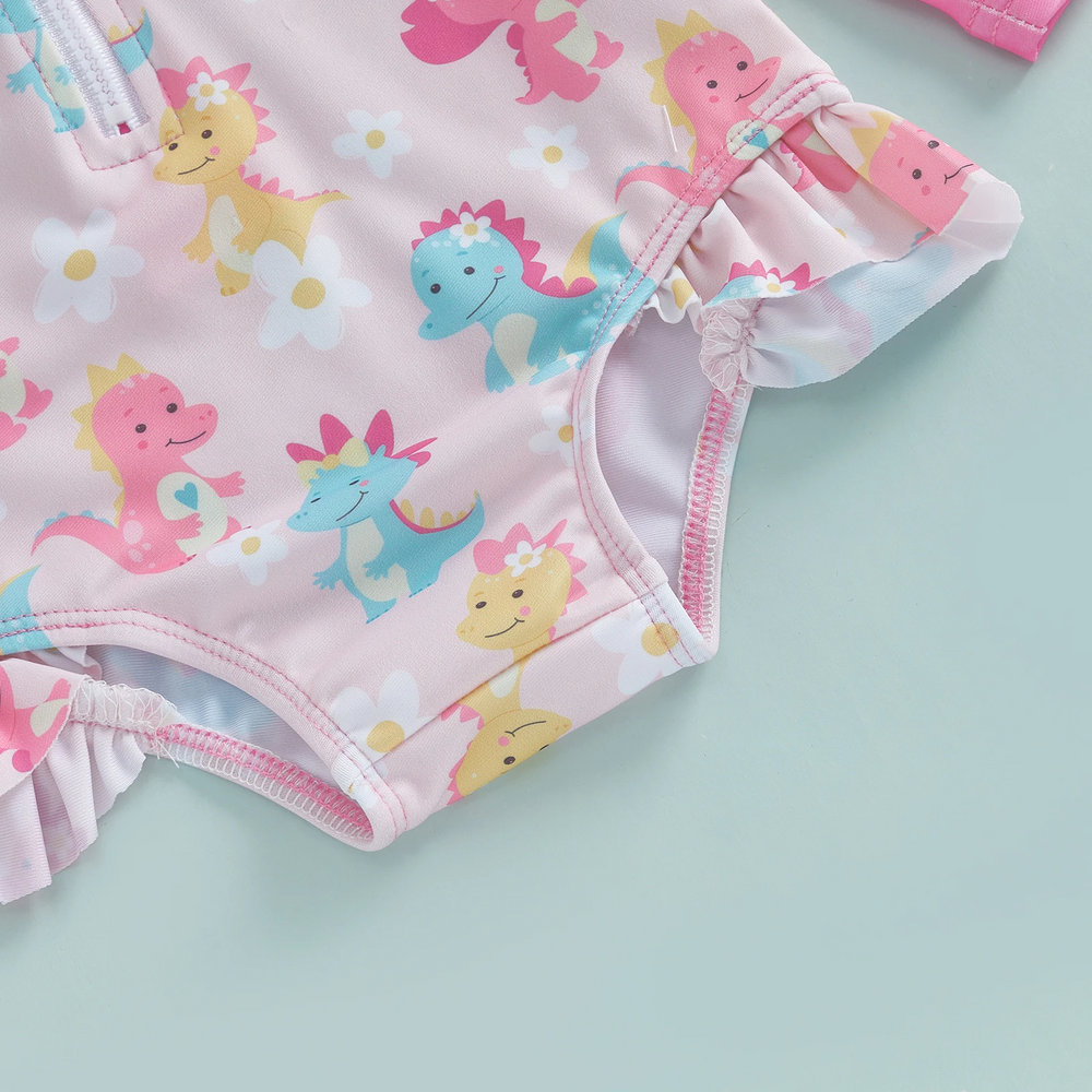 SweetWave Bade-Set für Mädchen | Langarm & Sonnenhut | UV-Schutz | Flamingo & Dino | 0-5 Jahre