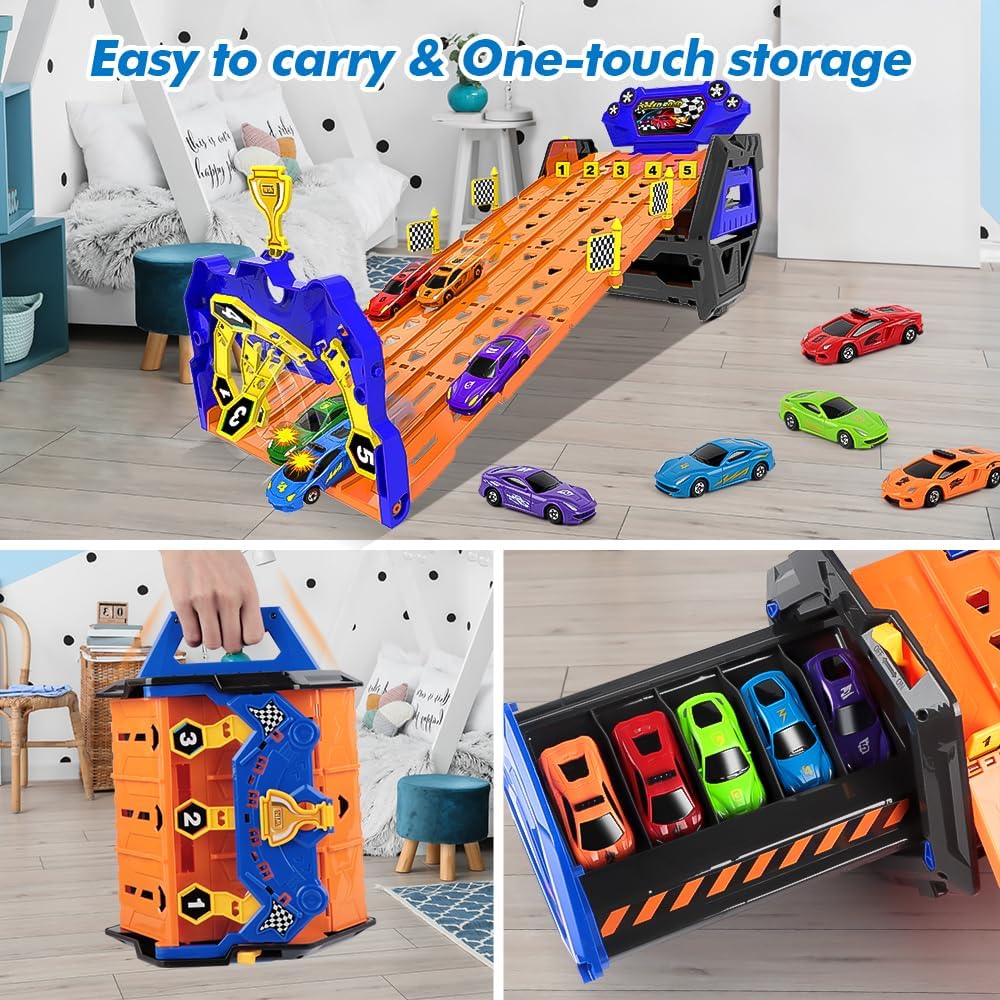 SpeedRacer 5-Spur Rennbahn mit Autos – Transformierbares Aufbewahrungsset | Inklusive 5 Rennwagen | Spielzeug-Rennbahn für Jugendliche 14+ | Racing Track Game