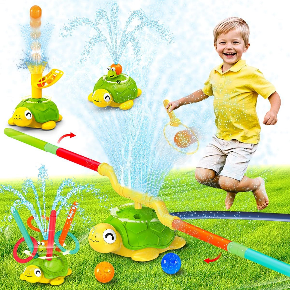 AquaTurtle 3-in-1 Wasserspielzeug – Springball, Ringwurfspiel & Wasserrakete | Wiederaufladbares Outdoorspielzeug | Wassersprinkler-Schildkröte für Kinder ab 3 Jahren
