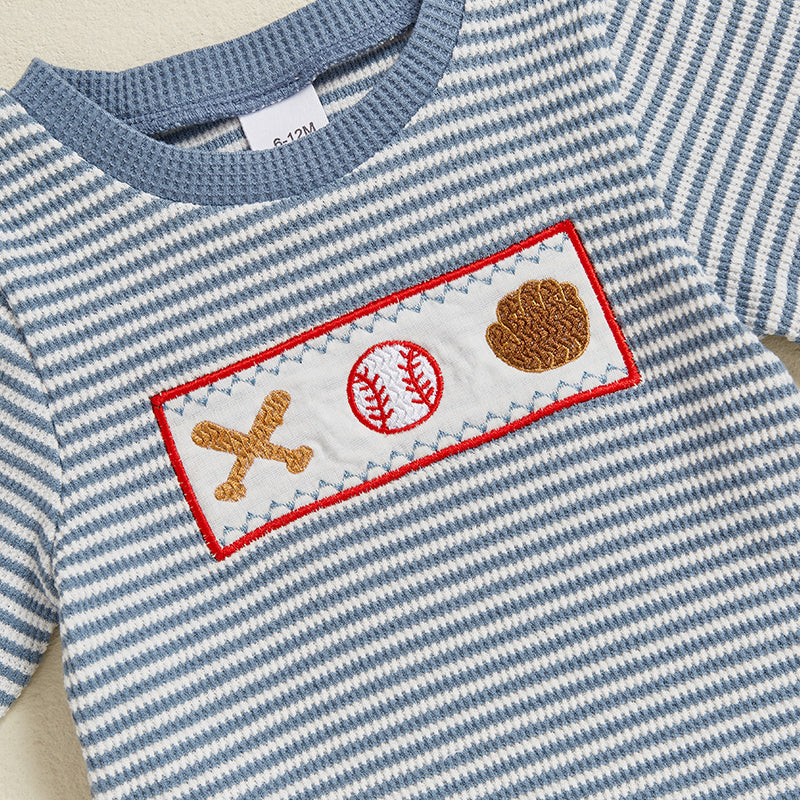 Baseball Stripe Sommer-Set Baby & Kleinkind | Gestricktes T-Shirt & Shorts | Strickbaumwolle | 0–3 Jahre | Sportlicher Look für Jungen