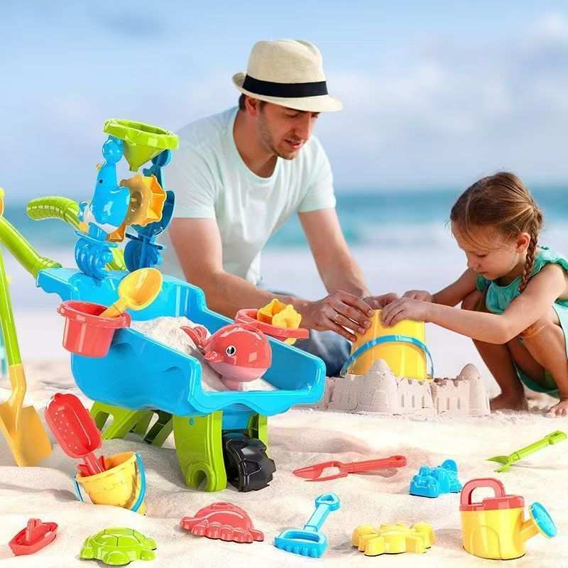 Sandino Sand & Strand Spielset – 22-teiliges Outdoor-Spielzeug mit Schubkarre für Kinder 2–6 Jahre – Sandkasten- & Gartenset