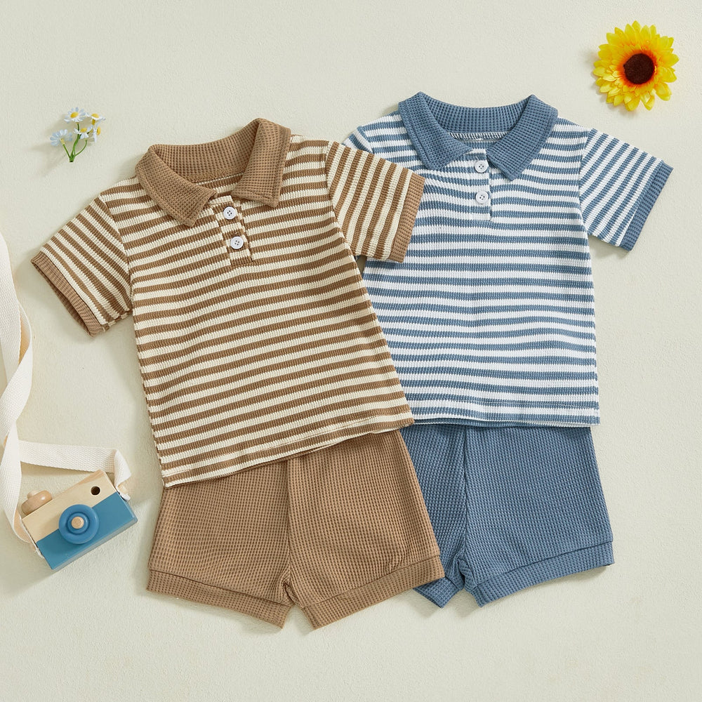 TeddyStripe Sommer-Set für Babys & Kleinkinder | Polo & Shorts | Atmungsaktive Baumwolle | 6 Monate–4 Jahre | Braun oder Blau Gestreift