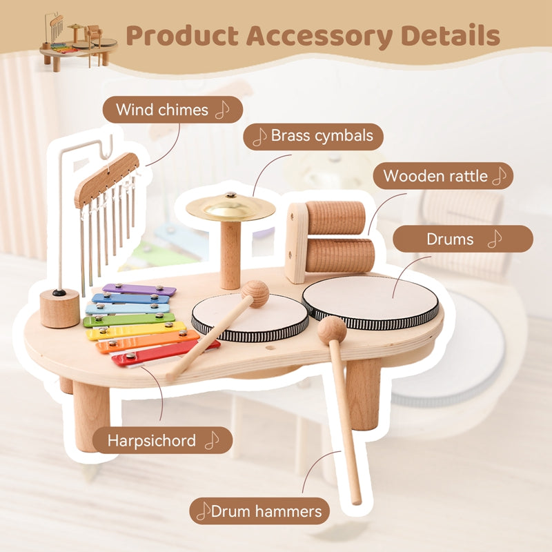 Hölzerner Musik Tisch - Pädagogisches Musikinstrument für Kinder, inkl. Trommeln, Xylophon &amp; Becken, ab 1 Jahr