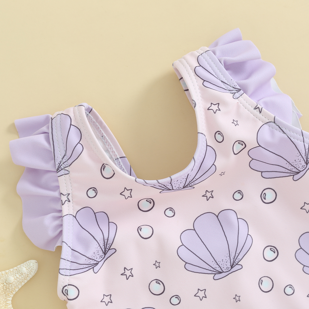 SeashellDreams Badeanzug für Mädchen | Muschelprint & Rüschen | Weich & Elastisch | 0–3 Jahre | Schwimmbad & Strand